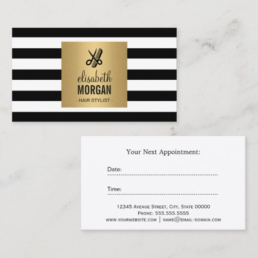 Haarstylist Gold Black White Stripes Afspraak Afsprakenkaartje (Voorkant / Achterkant)