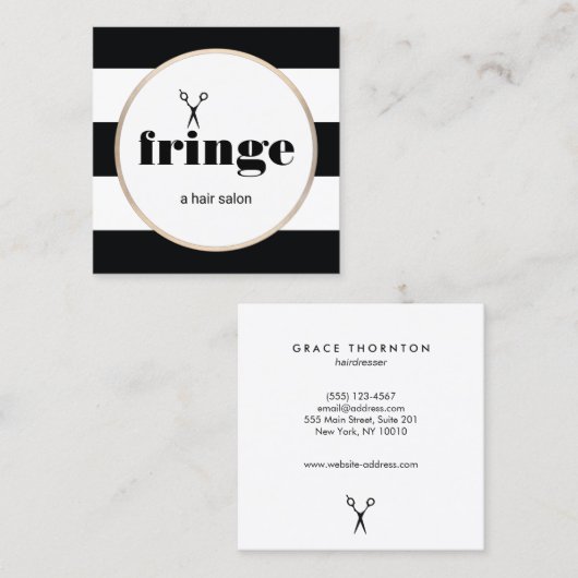 Haarstylist Gold Scissors Black White Striped Vierkante Visitekaartje (Voorkant / Achterkant)