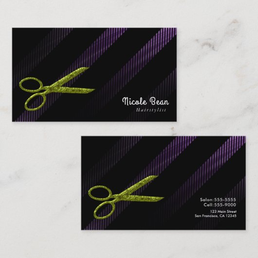 Haarstylist Haardressoir Paarse & Groene Schaar Visitekaartje (Voorkant / Achterkant)