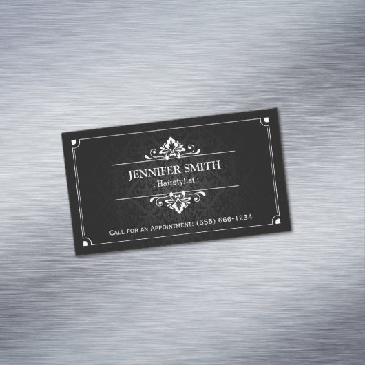 Haarstylist Hair Salon -  schaduw van Damask Magnetisch Visitekaartje (Voorbeeld)