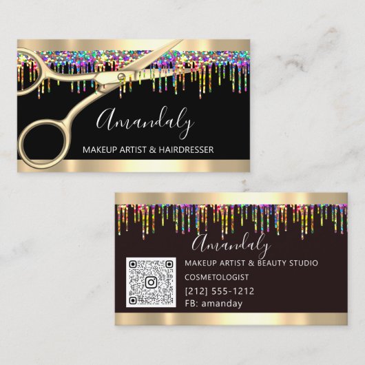 Haarstylist Hairdresser Holograaf Drip ScissorsQR Visitekaartje (Voorkant / Achterkant)