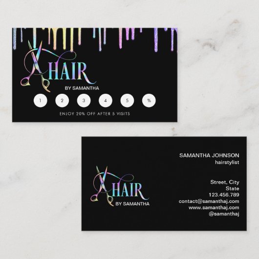 Haarstylist holografische korting op haarschaar visitekaartje (Voorkant / Achterkant)