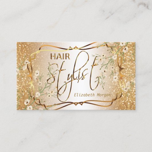 Haarstylist in een Gold Glitter en Floral Visitekaartje (Voorkant)