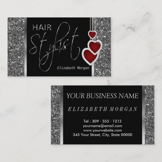 Haarstylist in een zilveren glitter- en hartketen visitekaartje (Voorkant / Achterkant)