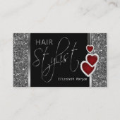 Haarstylist in een zilveren glitter- en hartketen visitekaartje (Voorkant)