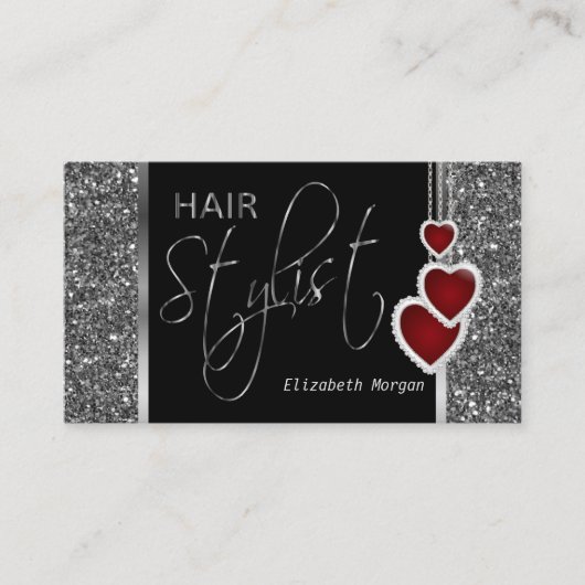 Haarstylist in een zilveren glitter- en hartketen visitekaartje (Voorkant)