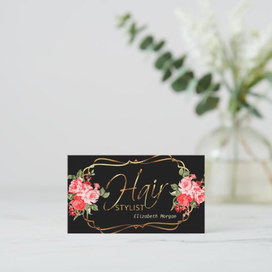 Haarstylist in een zwarte en mooie rode Floral Visitekaartje (Staand voorkant)