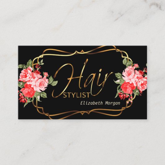 Haarstylist in een zwarte en mooie rode Floral Visitekaartje (Voorkant)