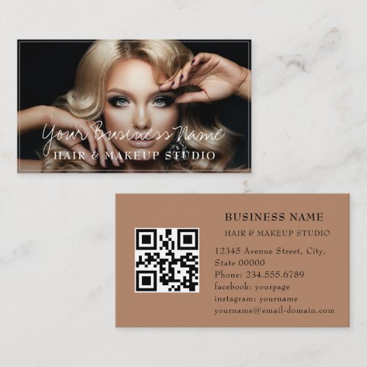 haarstylist klantenfoto elegant script QR Code Visitekaartje (Voorkant / Achterkant)
