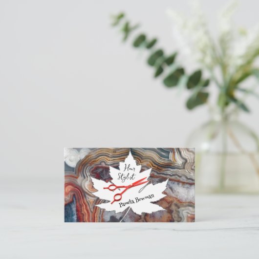 Haarstylist Lace Agate Stone Red Scissors Visitekaartje (Staand voorkant)
