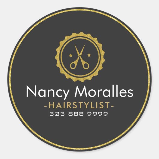 Haarstylist Logo-Gold-schaar en -cirkel Ronde Sticker (Voorkant)