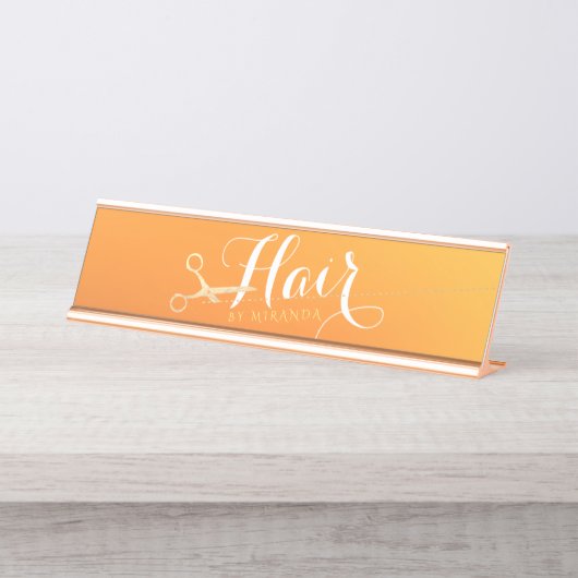 Haarstylist Makeup Salon Chic Oranje Gold Scissors Bureau Naambordje (Voorkant)