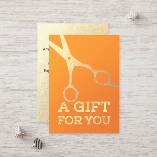 Haarstylist Makeup Salon Chic Oranje Gold Scissors Kortingskaartje (Voorkant / Achterkant in situ)