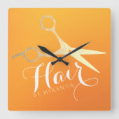 Haarstylist Makeup Salon Chic Oranje Gold Scissors Vierkante Klok (Voorkant)