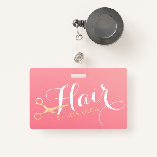Haarstylist Makeup Salon Modern Pink Gold Scissors Badge (Voorkant met intrekbare)