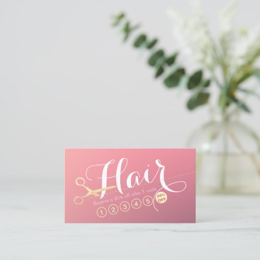 Haarstylist Makeup Salon Modern Pink Gold Scissors Klantenkaartje (Staand voorkant)