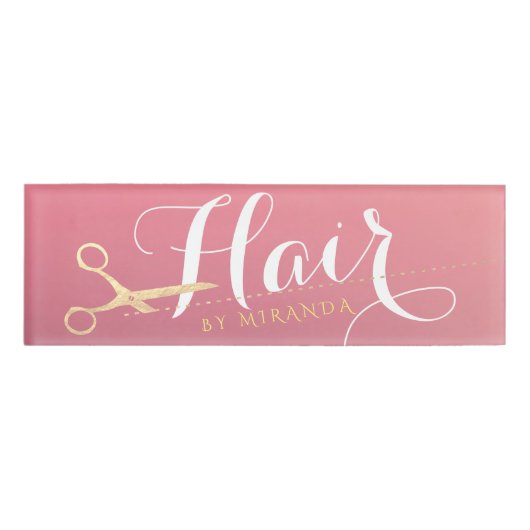 Haarstylist Makeup Salon Modern Pink Gold Scissors Naambadge (Voorkant)