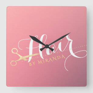 Haarstylist Makeup Salon Modern Pink Gold Scissors Vierkante Klok