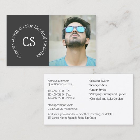 Haarstylist mannen foto's DY zonnebril Visitekaartje (Voorkant / Achterkant)