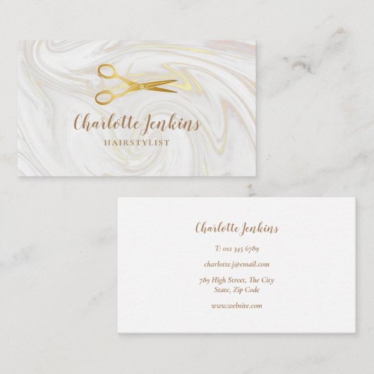 Haarstylist Marble Swirls Gold Scissors Visitekaartje (Voorkant / Achterkant)