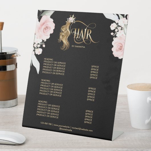 Haarstylist modern goudmodel prijslijst reclamebord met voetstuk (Insitu)