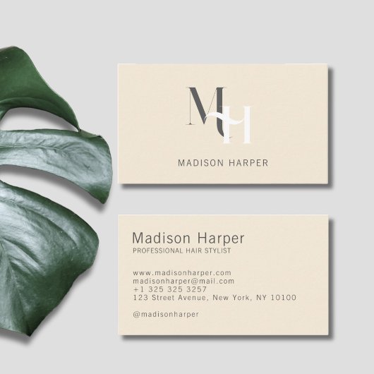 Haarstylist modern monogram initialen beige visitekaartje