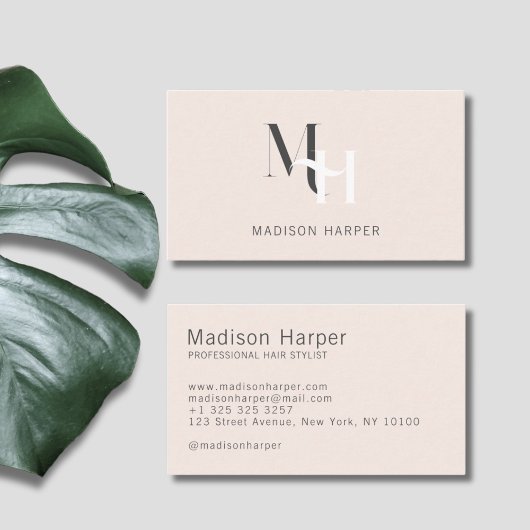Haarstylist modern monogram initialen blush roze visitekaartje