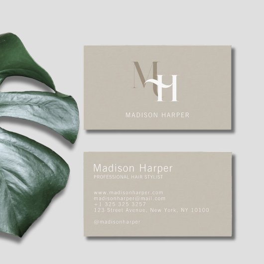 Haarstylist modern monogram initialen taupe visitekaartje