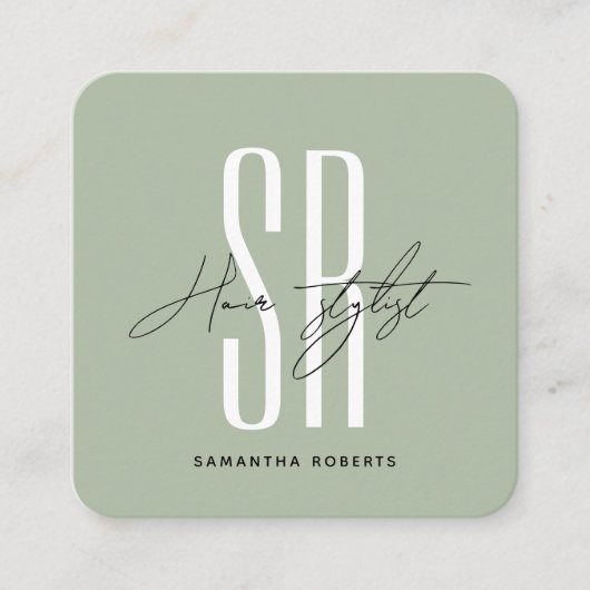 Haarstylist modern salie groen monogram initialen vierkante visitekaartje (Voorkant)