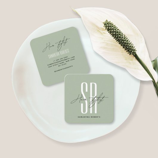 Haarstylist modern salie groen monogram initialen vierkante visitekaartje