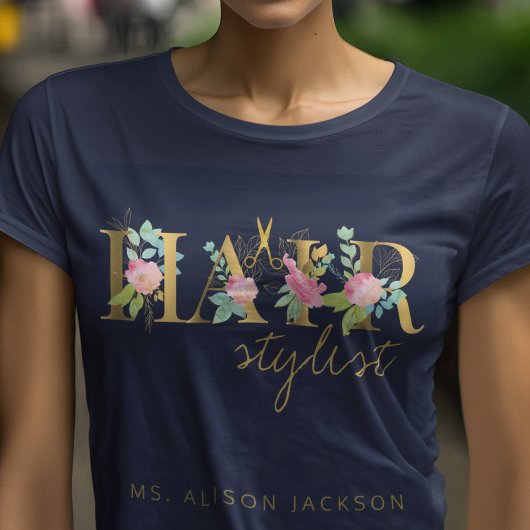 Haarstylist-naam en typografie-logo-haarsalon t-shirt