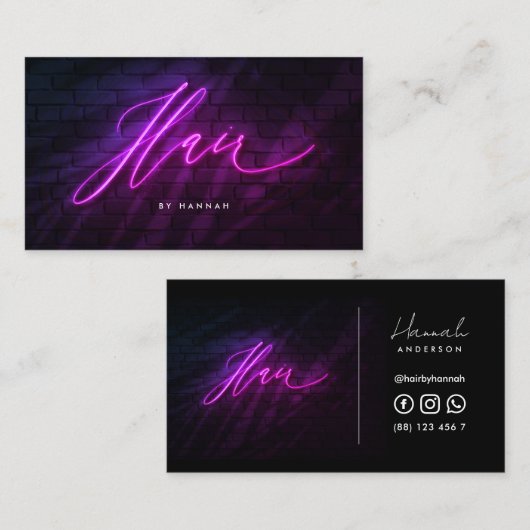 Haarstylist Neon Paars handgeschreven script Visitekaartje (Voorkant / Achterkant)