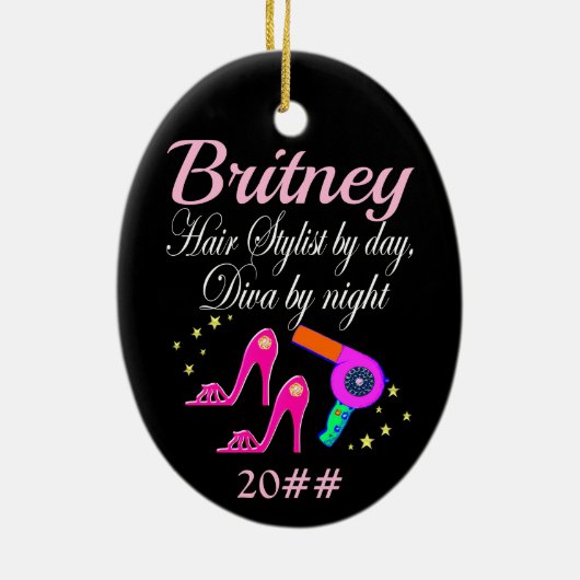 HAARSTYLIST OVERDAG, DIVA BY NIGHT GEPERSONALISEER KERAMISCH ORNAMENT (Achterkant)