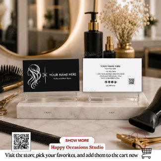 Haarstylist QR-code bewerkbaar, Zwart Wit Salon Visitekaartje