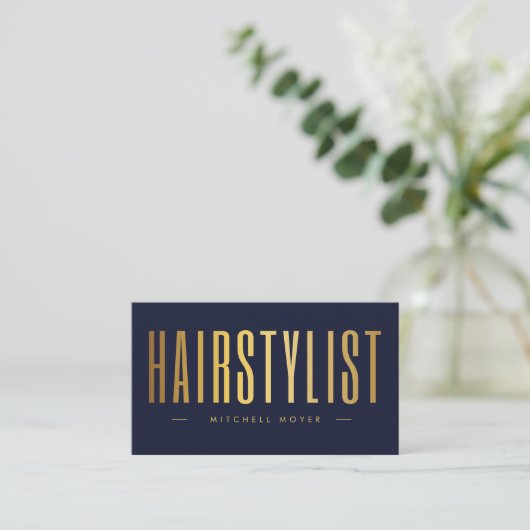 Haarstylist QR-code en Logo Navy en Gold Visitekaartje (Staand voorkant)