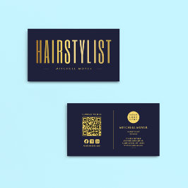 Haarstylist QR-code en Logo Navy en Gold Visitekaartje
