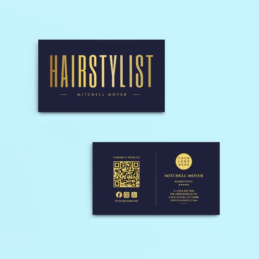 Haarstylist QR-code en Logo Navy en Gold Visitekaartje