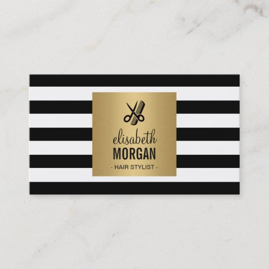 Haarstylist Retro Black White Stripes Gold Square Visitekaartje (Voorkant)
