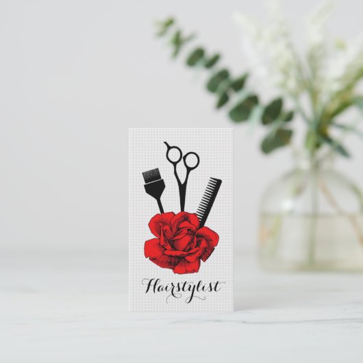  haarstylist rode rode mod visitekaartje (Staand voorkant)