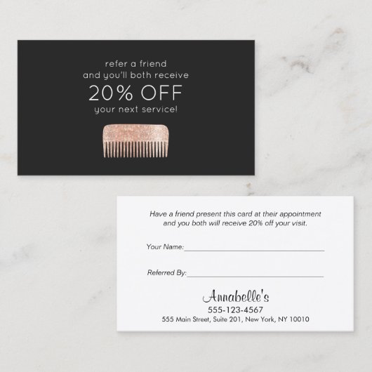 Haarstylist Roos Gold Sequin Comb Klantenbinding Aanbevelingskaartje (Voorkant / Achterkant)