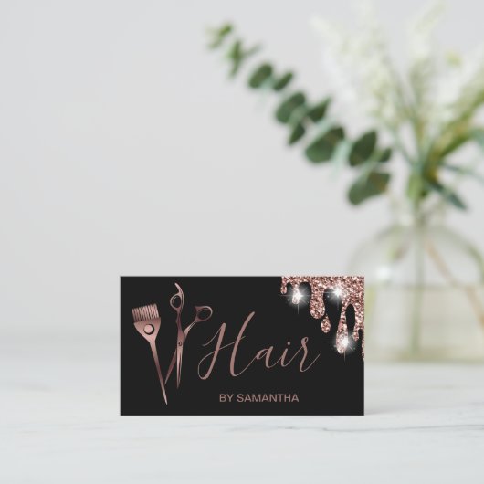 Haarstylist roos gouden typografie haarschaar bu visitekaartje (Staand voorkant)
