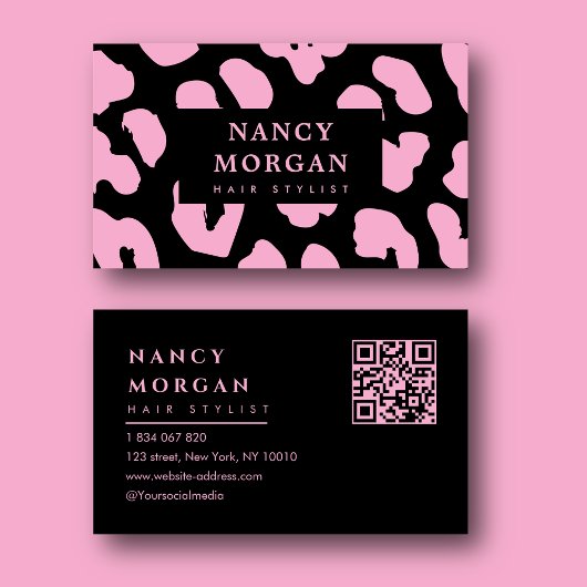 Haarstylist Roze Luipaardprint Qr Code Visitekaartje