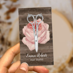 Haarstylist  schaar en bloem hout visitekaartje