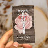 Haarstylist schaar en bloem hout visitekaartje