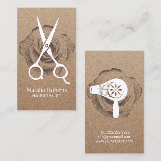 Haarstylist schaar en ventilator Rustic Kraft Visitekaartje (Voorkant / Achterkant)