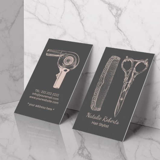 Haarstylist  schaar & kam roze & grijs visitekaartje