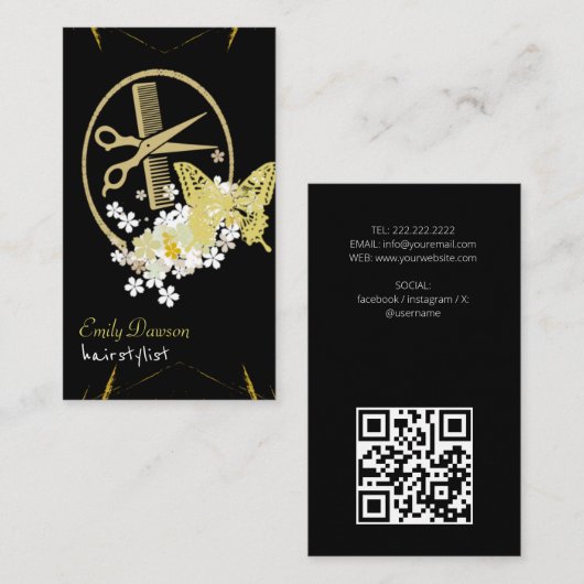 Haarstylist Schattige Schaar & Vlinders QR Code Bu Visitekaartje (Voorkant / Achterkant)