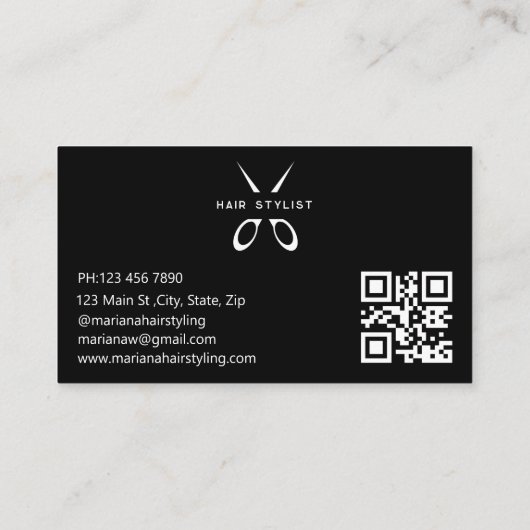 haarstylist Scissor qr code zwart minimal simple Visitekaartje (Achterkant)