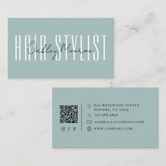 Haarstylist Script Naam Stofblauw QR Code Visitekaartje (Voorkant / Achterkant)