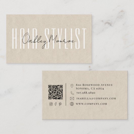Haarstylist Script Naam Tan QR Code Visitekaartje (Voorkant / Achterkant)